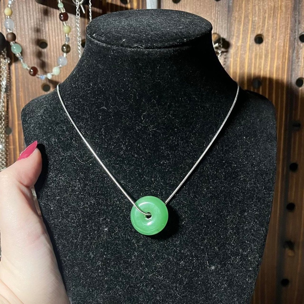 handmade boho snake cord silver necklace lampwork donut faux jade bead pendant